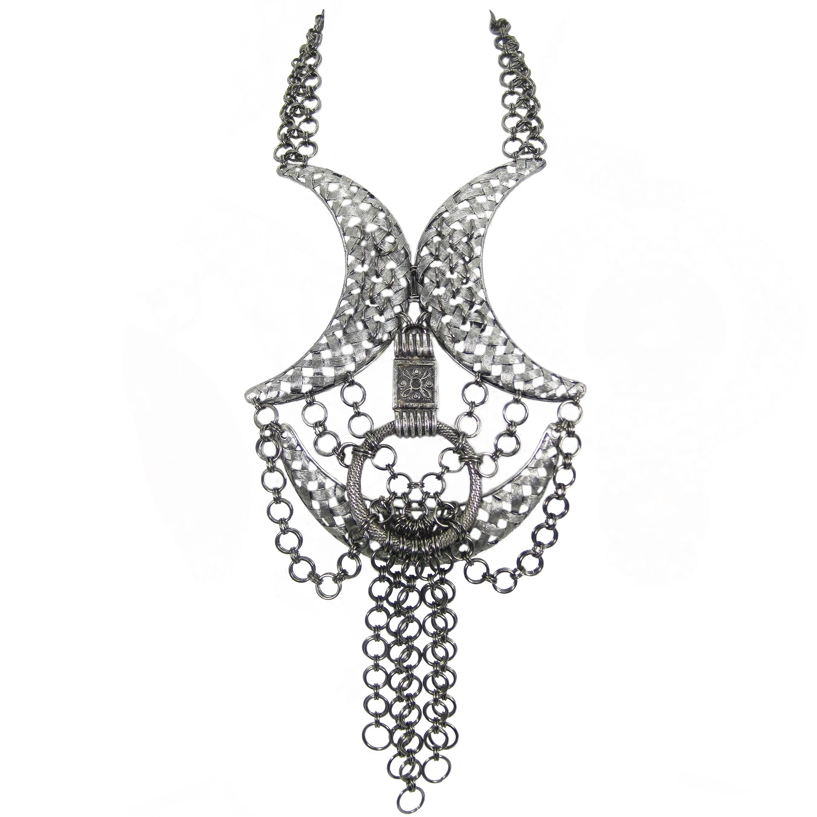 #1115n Pewter Tone Oversized Choker/Bib/Neck Piece With Ring & Chain Tassel