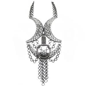 #1115n Pewter Tone Oversized Choker/Bib/Neck Piece With Ring & Chain Tassel