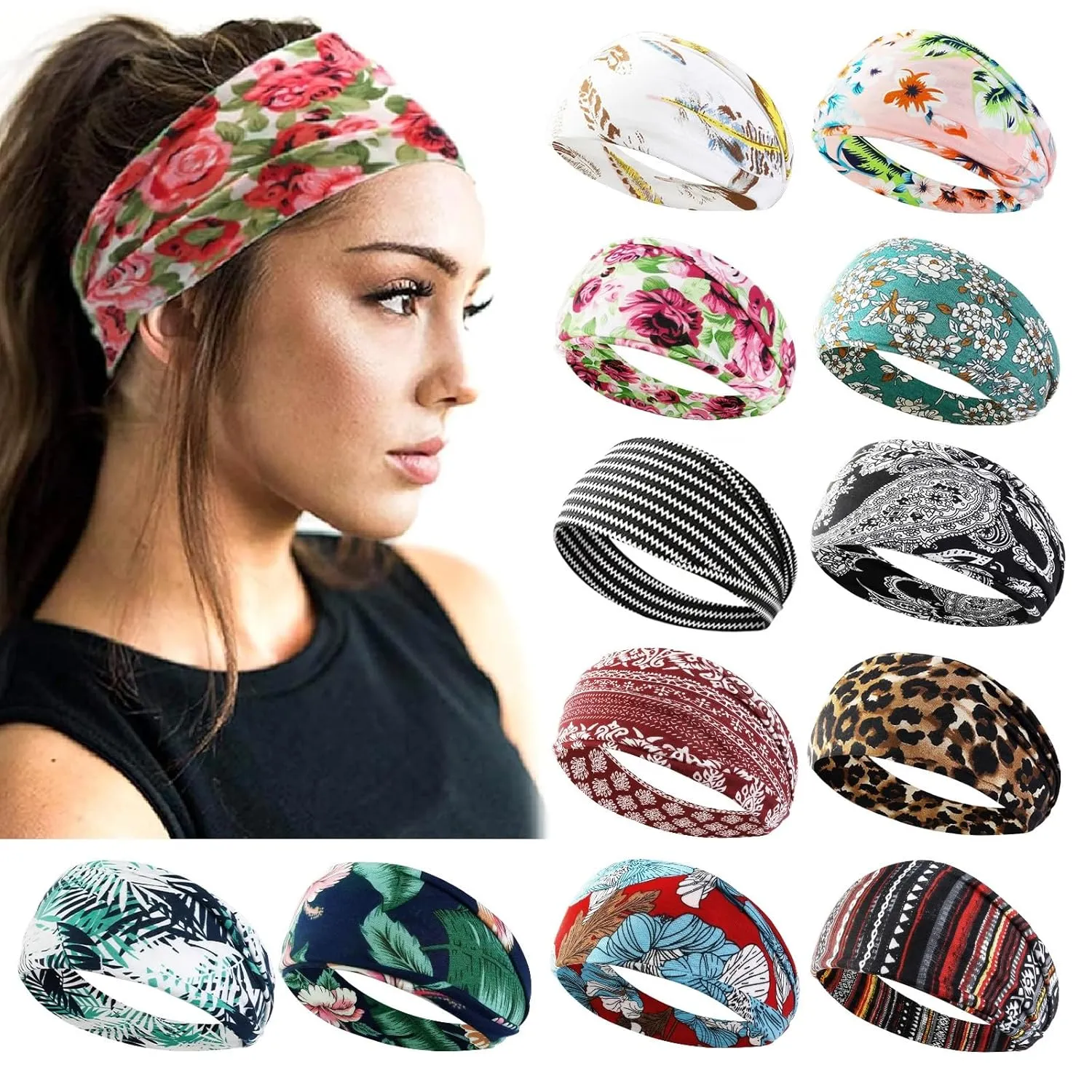 AKTVSHOW 12 Pack Boho Headbands - Wide Non-Slip Elastic Headbands, Trendy Hair Accessories for Women's Yoga, Workout, and Fashion