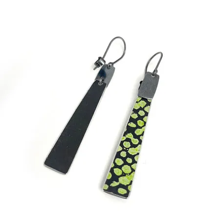 Aluminium and silver long drop earrings - lime green