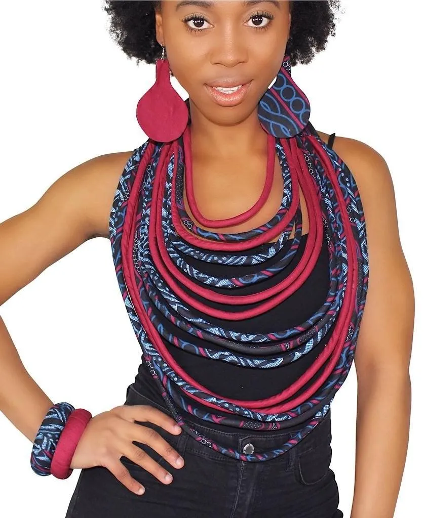 Bami African Print Multi Strand Statement 15 Lines Necklace Set (Necklace - Bracelet - Earrings)