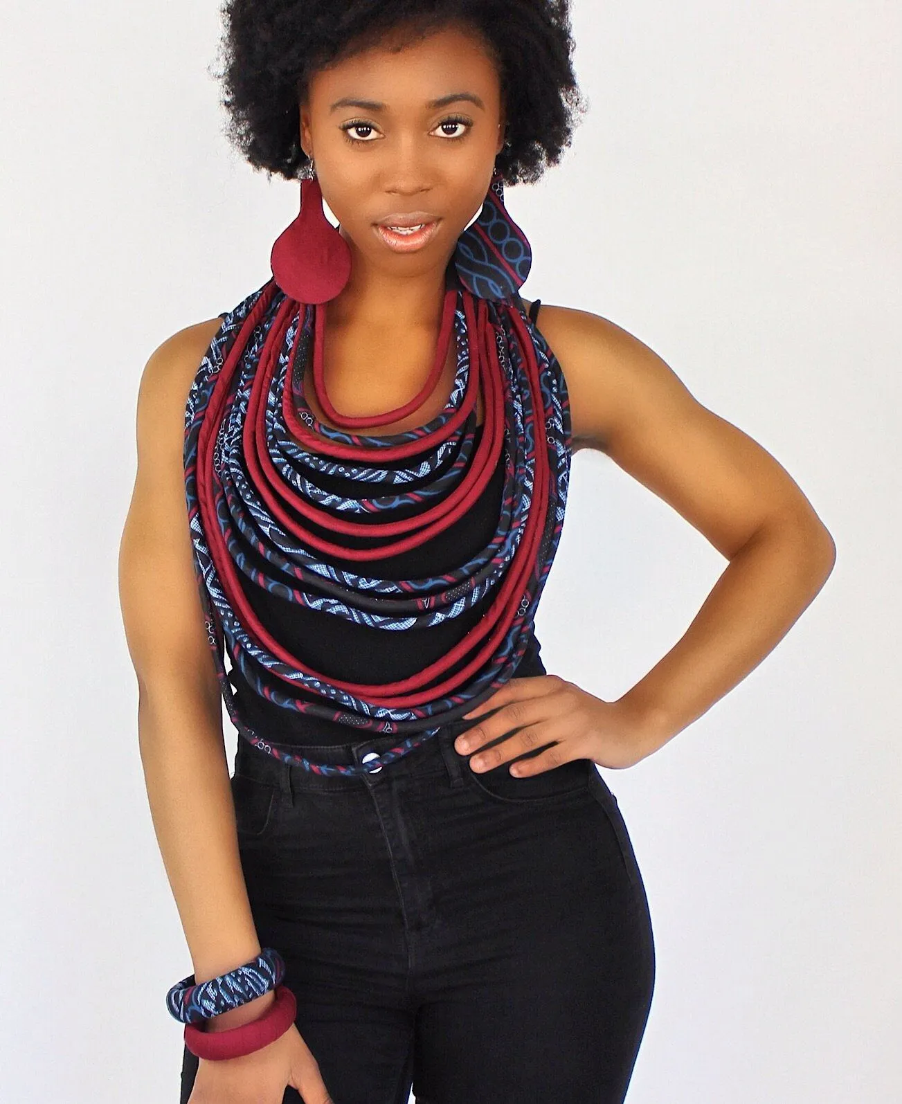 Bami African Print Multi Strand Statement 15 Lines Necklace Set (Necklace - Bracelet - Earrings)