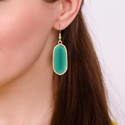 BaubleStar Natural Crystal Healing Stone Drop Earrings Green Opal Jasper Gemstone Quartz Oval Dangle Gold
