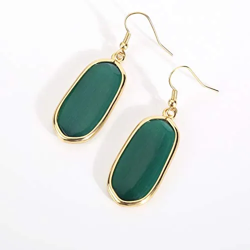 BaubleStar Natural Crystal Healing Stone Drop Earrings Green Opal Jasper Gemstone Quartz Oval Dangle Gold