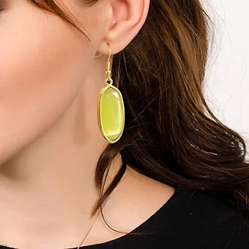 BaubleStar Natural Crystal Healing Stone Drop Earrings Green Opal Jasper Gemstone Quartz Oval Dangle Gold