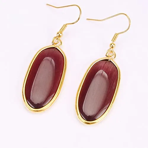 BaubleStar Natural Crystal Healing Stone Drop Earrings Green Opal Jasper Gemstone Quartz Oval Dangle Gold
