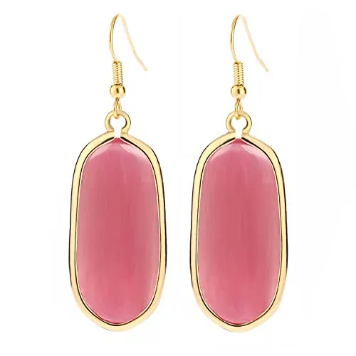 BaubleStar Natural Crystal Healing Stone Drop Earrings Green Opal Jasper Gemstone Quartz Oval Dangle Gold
