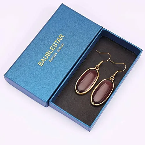 BaubleStar Natural Crystal Healing Stone Drop Earrings Green Opal Jasper Gemstone Quartz Oval Dangle Gold