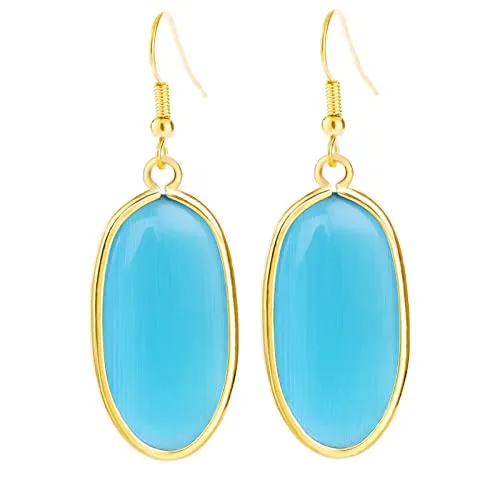 BaubleStar Natural Crystal Healing Stone Drop Earrings Green Opal Jasper Gemstone Quartz Oval Dangle Gold