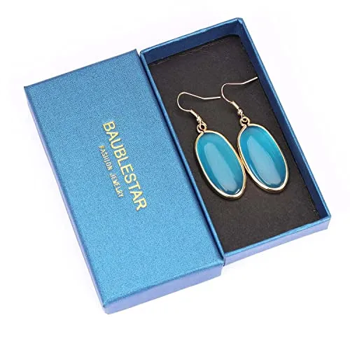 BaubleStar Natural Crystal Healing Stone Drop Earrings Green Opal Jasper Gemstone Quartz Oval Dangle Gold