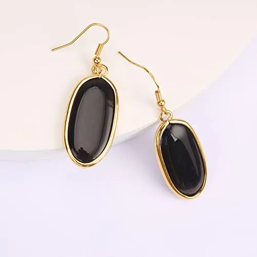 BaubleStar Natural Crystal Healing Stone Drop Earrings Green Opal Jasper Gemstone Quartz Oval Dangle Gold
