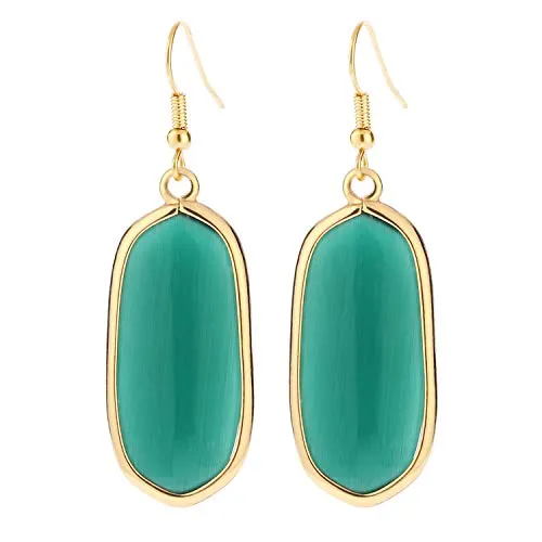 BaubleStar Natural Crystal Healing Stone Drop Earrings Green Opal Jasper Gemstone Quartz Oval Dangle Gold
