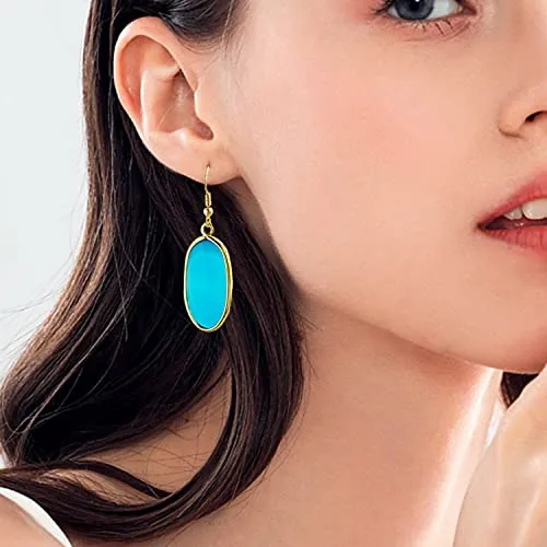 BaubleStar Natural Crystal Healing Stone Drop Earrings Green Opal Jasper Gemstone Quartz Oval Dangle Gold
