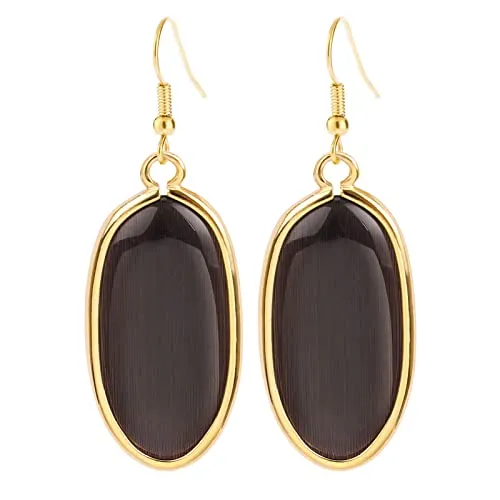 BaubleStar Natural Crystal Healing Stone Drop Earrings Green Opal Jasper Gemstone Quartz Oval Dangle Gold