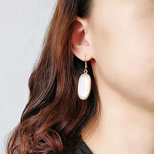 BaubleStar Natural Crystal Healing Stone Drop Earrings Green Opal Jasper Gemstone Quartz Oval Dangle Gold