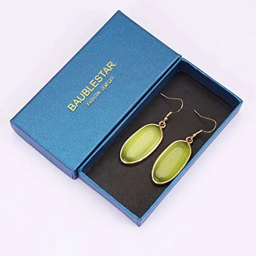 BaubleStar Natural Crystal Healing Stone Drop Earrings Green Opal Jasper Gemstone Quartz Oval Dangle Gold