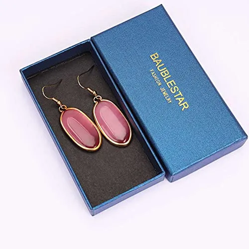 BaubleStar Natural Crystal Healing Stone Drop Earrings Green Opal Jasper Gemstone Quartz Oval Dangle Gold