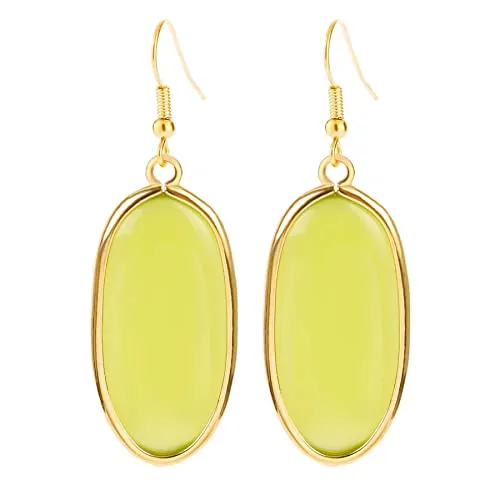BaubleStar Natural Crystal Healing Stone Drop Earrings Green Opal Jasper Gemstone Quartz Oval Dangle Gold