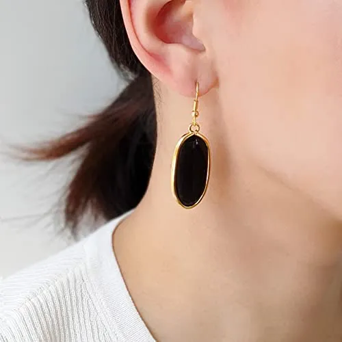 BaubleStar Natural Crystal Healing Stone Drop Earrings Green Opal Jasper Gemstone Quartz Oval Dangle Gold