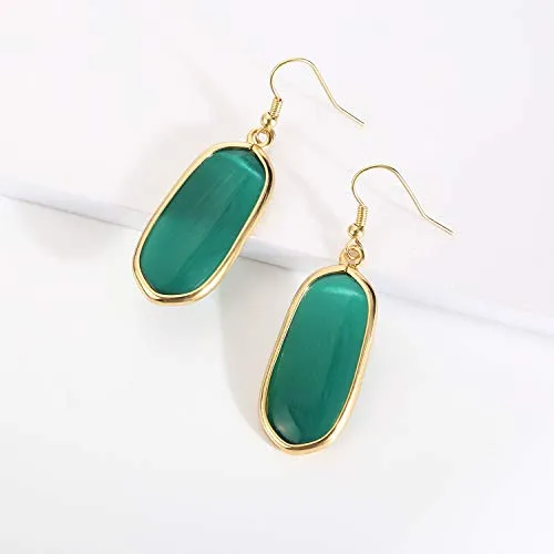 BaubleStar Natural Crystal Healing Stone Drop Earrings Green Opal Jasper Gemstone Quartz Oval Dangle Gold