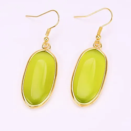 BaubleStar Natural Crystal Healing Stone Drop Earrings Green Opal Jasper Gemstone Quartz Oval Dangle Gold
