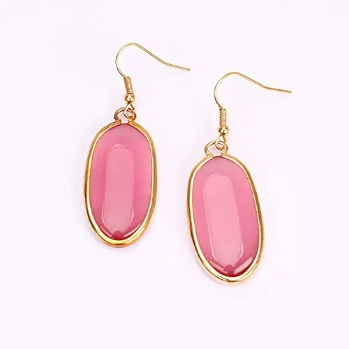 BaubleStar Natural Crystal Healing Stone Drop Earrings Green Opal Jasper Gemstone Quartz Oval Dangle Gold