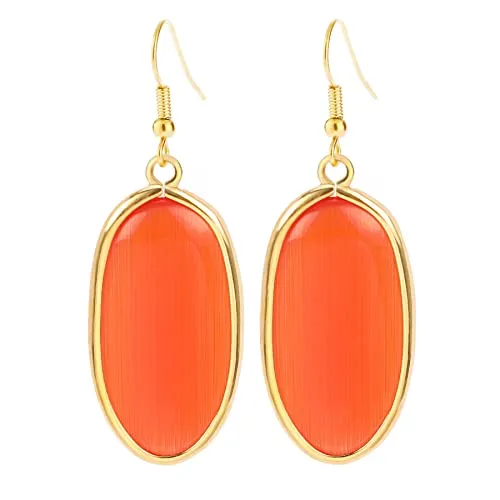 BaubleStar Natural Crystal Healing Stone Drop Earrings Green Opal Jasper Gemstone Quartz Oval Dangle Gold