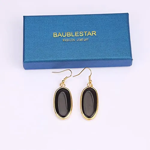 BaubleStar Natural Crystal Healing Stone Drop Earrings Green Opal Jasper Gemstone Quartz Oval Dangle Gold