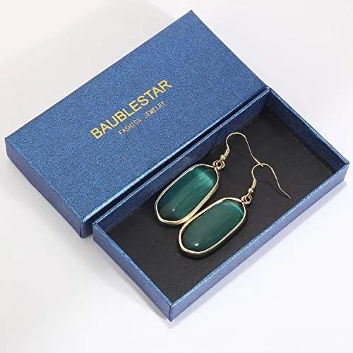 BaubleStar Natural Crystal Healing Stone Drop Earrings Green Opal Jasper Gemstone Quartz Oval Dangle Gold