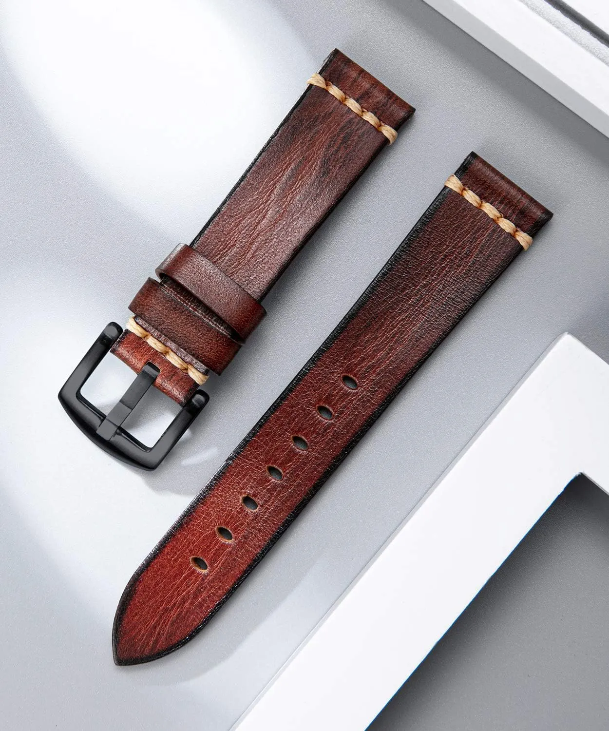 BINLUN Genuine Leather Watch Band Rubbing Leather Watch Straps Vegetable Tanned Leather Watch bands Handmade Top Grain Leather Watch bands for Men Women Black Silver Buckle 5 Sizes(18-26mm)