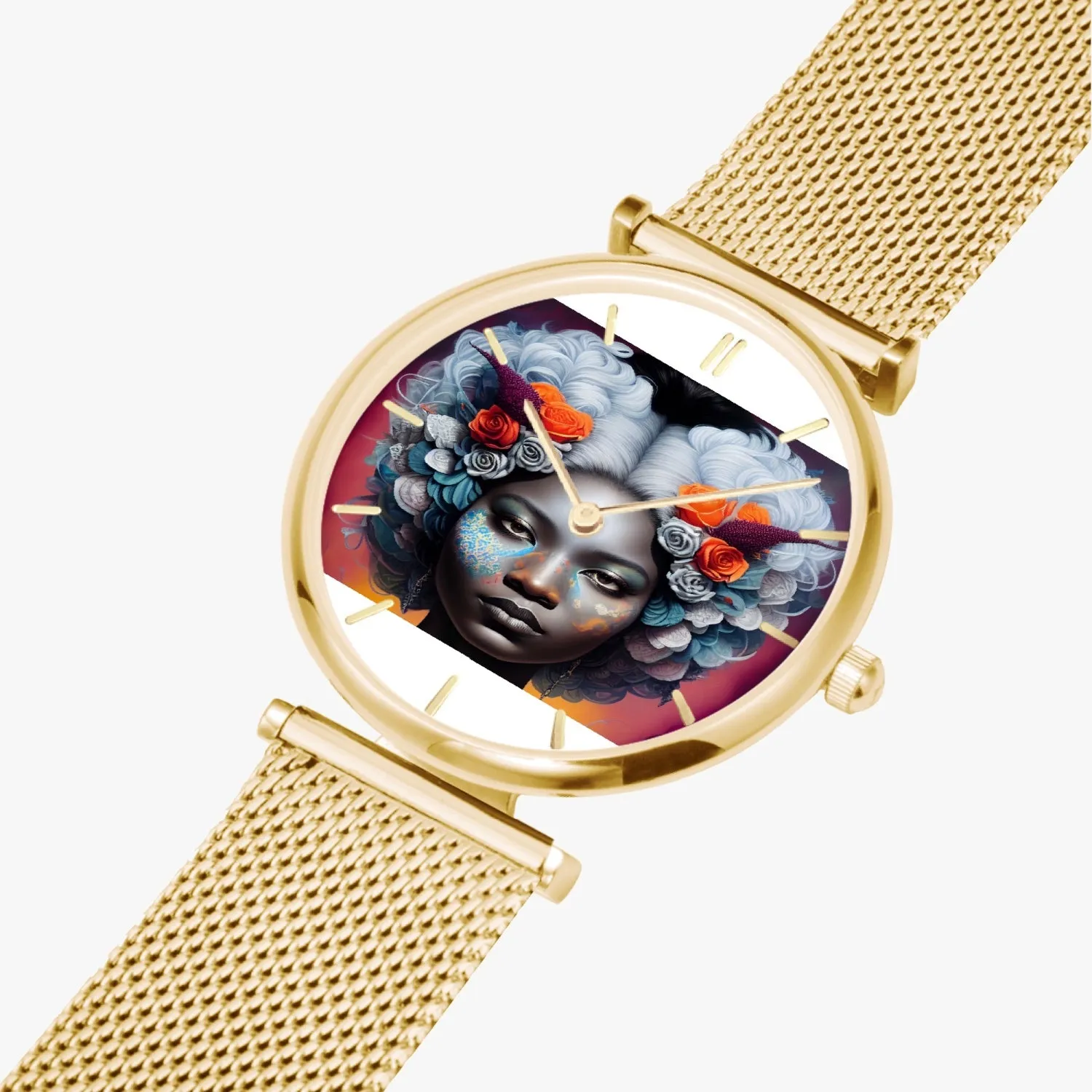 Black woman clock face Silver grey white hair inspiration New Stylish Ultra-Thin Quartz Watch (With Indicators)