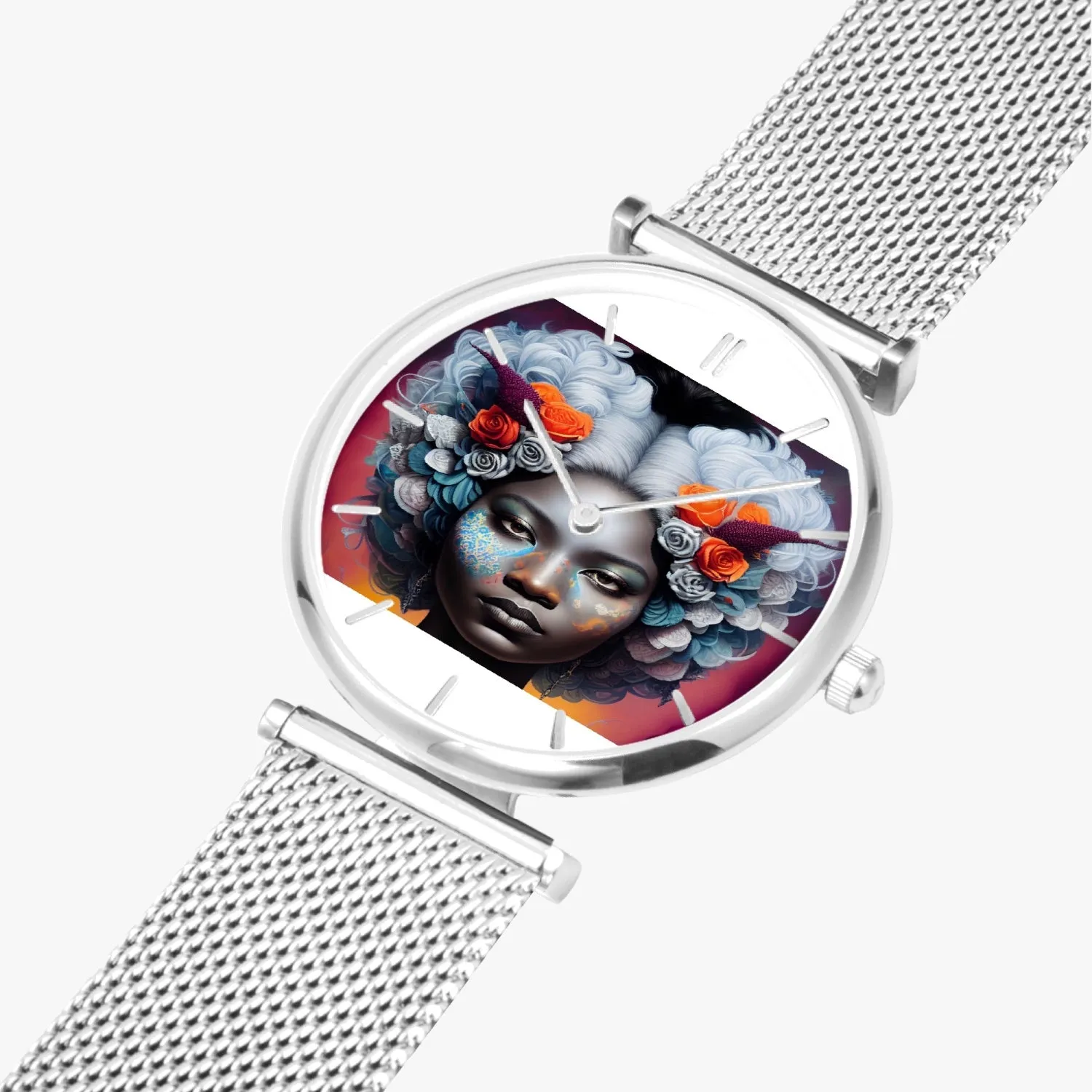 Black woman clock face Silver grey white hair inspiration New Stylish Ultra-Thin Quartz Watch (With Indicators)