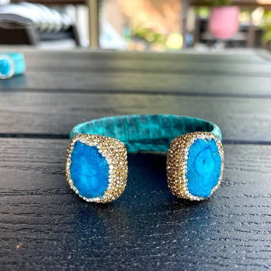 Blue Dyed Raw Crystal Open Cuff Bracelet with Blue Embossed Leather
