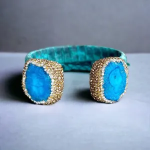 Blue Dyed Raw Crystal Open Cuff Bracelet with Blue Embossed Leather