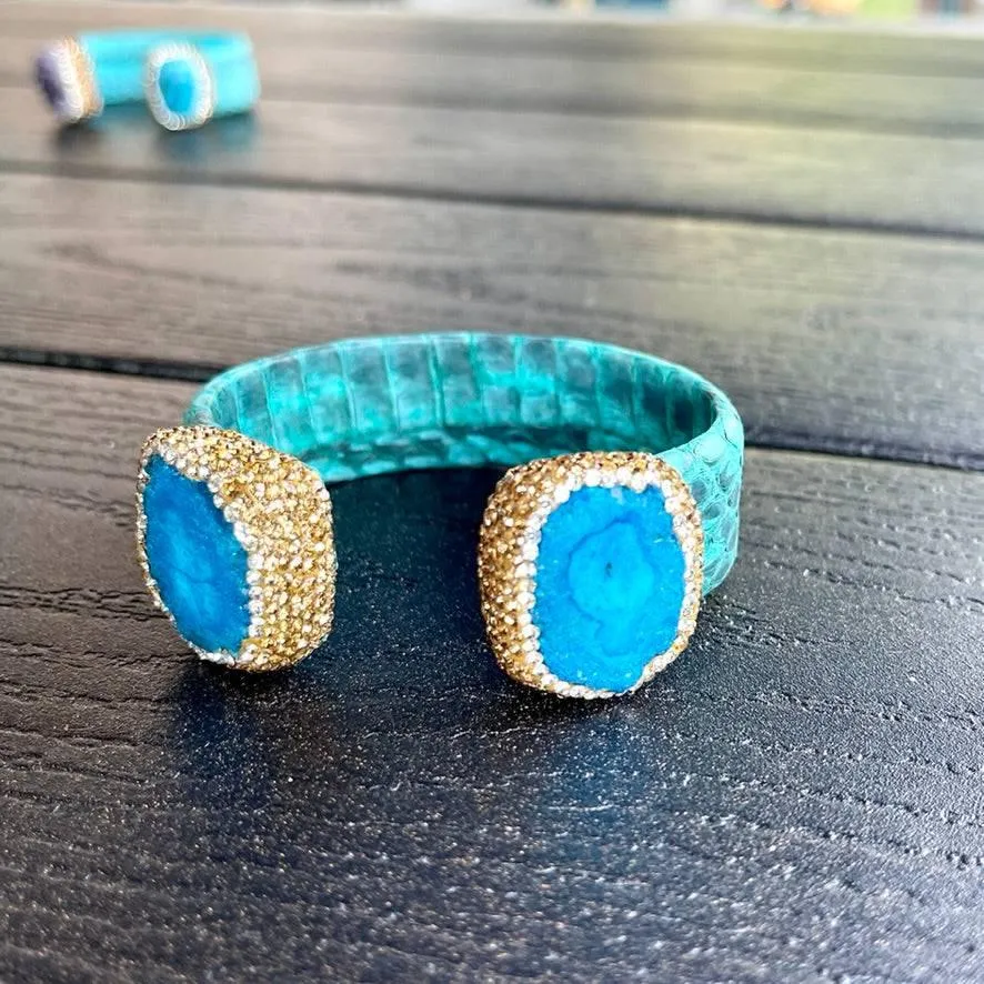 Blue Dyed Raw Crystal Open Cuff Bracelet with Blue Embossed Leather