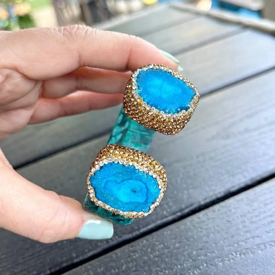 Blue Dyed Raw Crystal Open Cuff Bracelet with Blue Embossed Leather