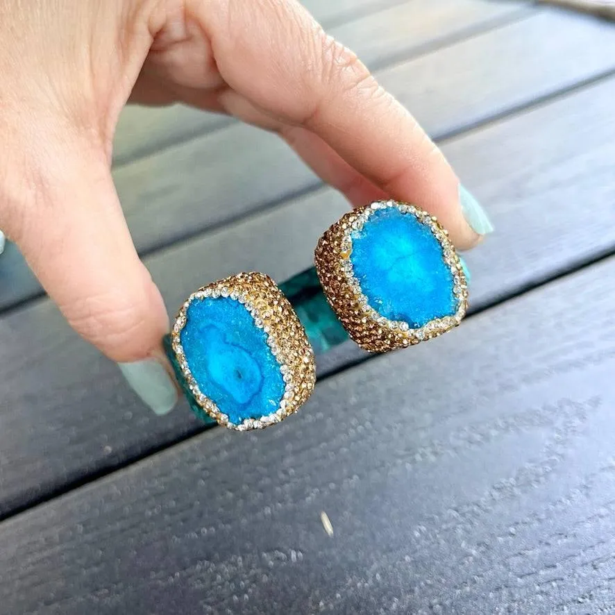 Blue Dyed Raw Crystal Open Cuff Bracelet with Blue Embossed Leather