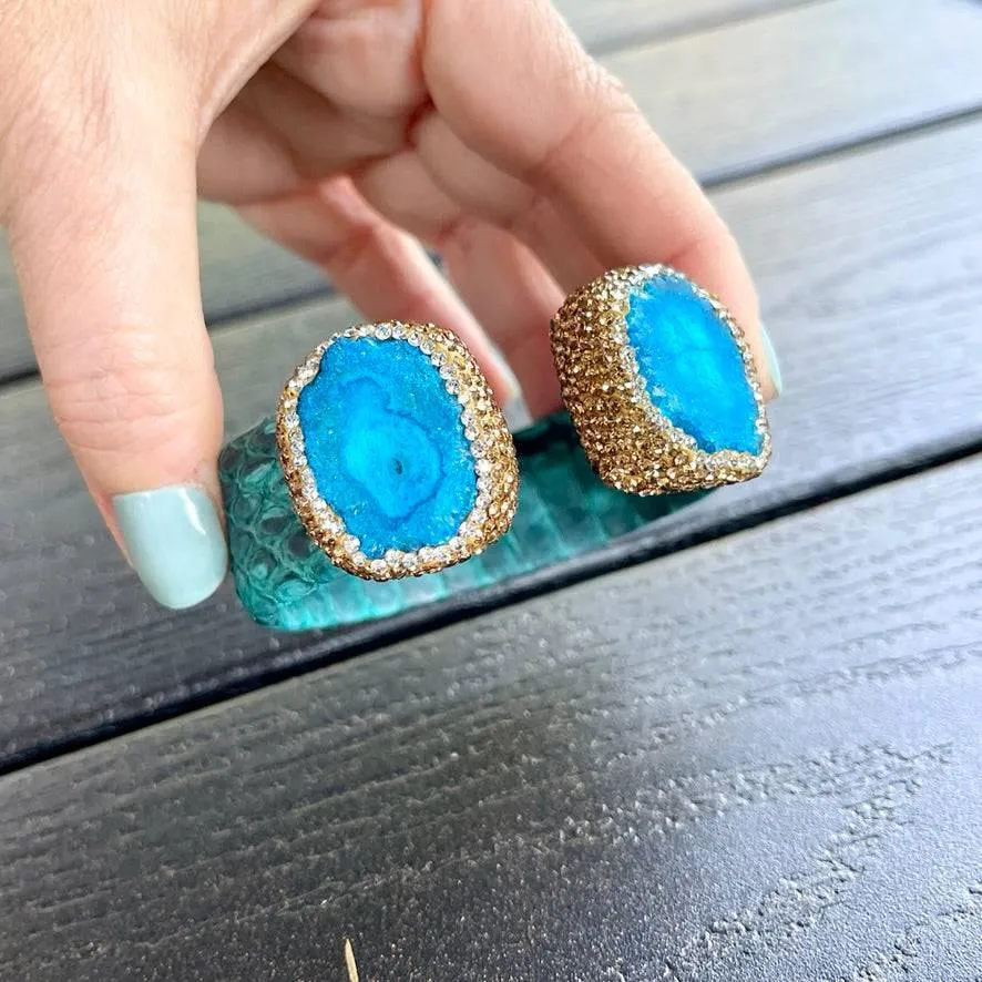 Blue Dyed Raw Crystal Open Cuff Bracelet with Blue Embossed Leather