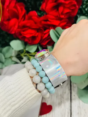 Bouncing Hologram Heart Leather & Crystal Cuff