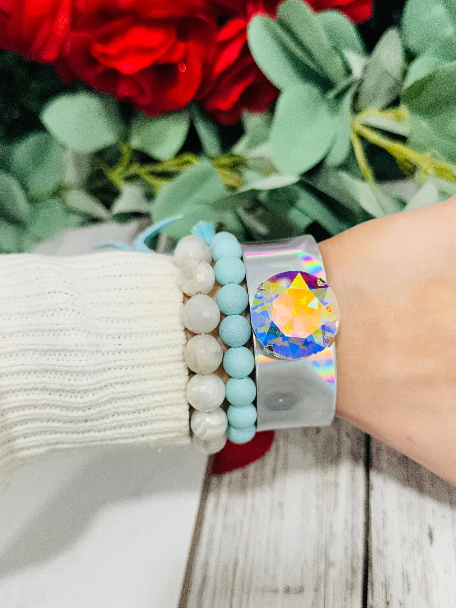 Bouncing Hologram Heart Leather & Crystal Cuff