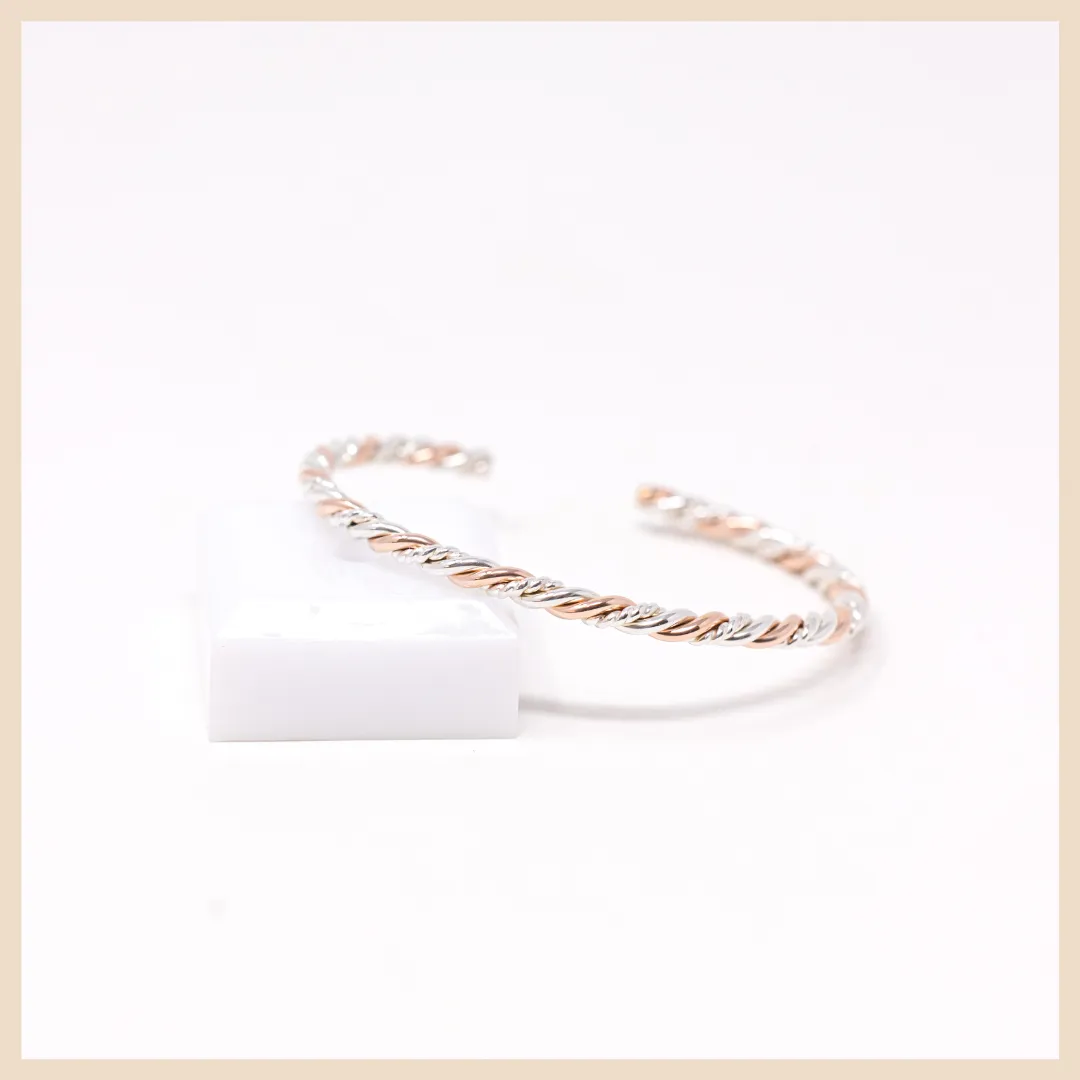 Braided Trifecta Bangle Cuff Bracelet (Rose Gold and Silver)