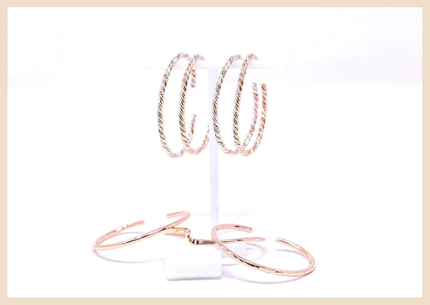 Braided Trifecta Bangle Cuff Bracelet (Rose Gold and Silver)
