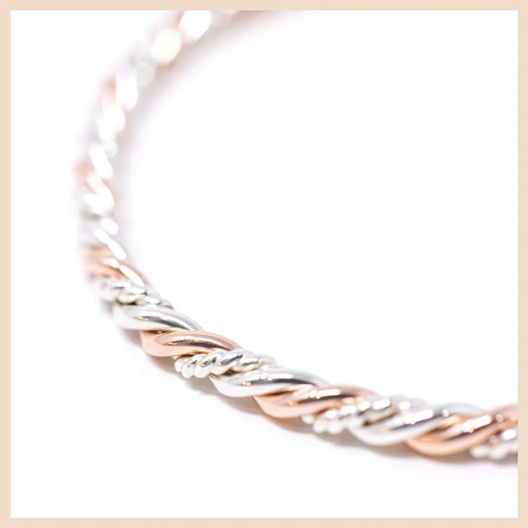 Braided Trifecta Bangle Cuff Bracelet (Rose Gold and Silver)
