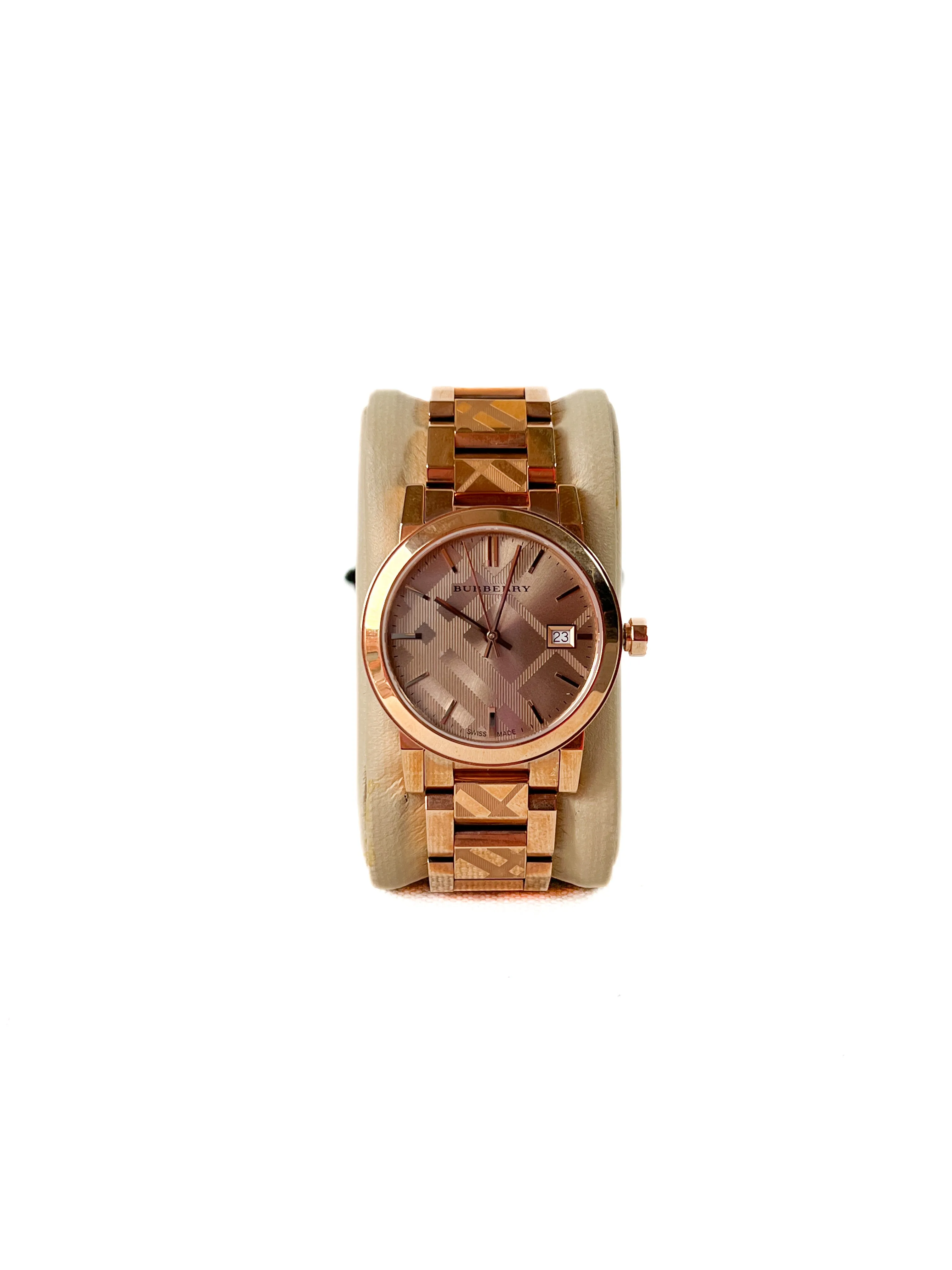 Burberry rose gold tone plaid watch