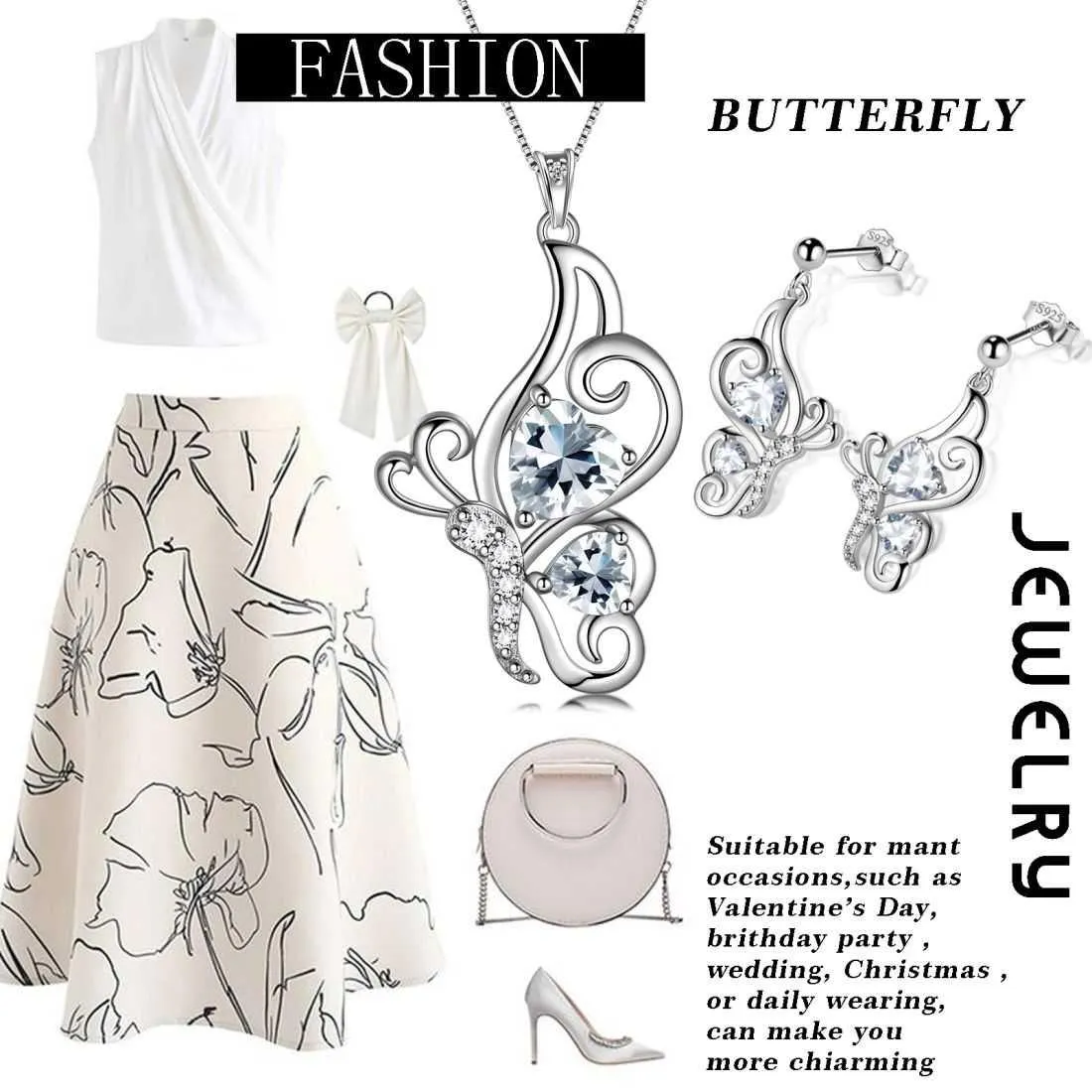 Butterfly Birthstone April Diamond Jewelry Set 3PCS Women Girls Birthday Gift