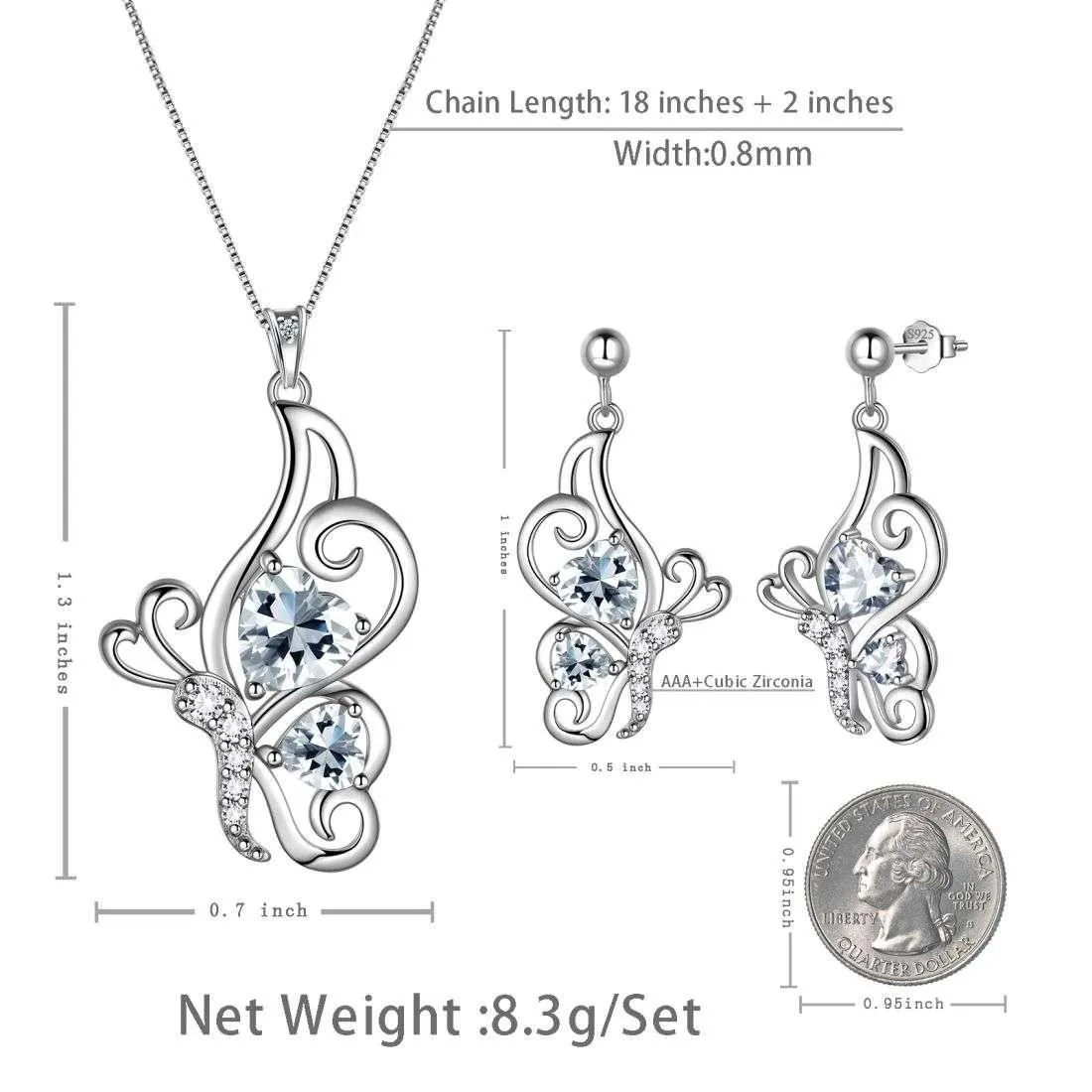 Butterfly Birthstone April Diamond Jewelry Set 3PCS Women Girls Birthday Gift