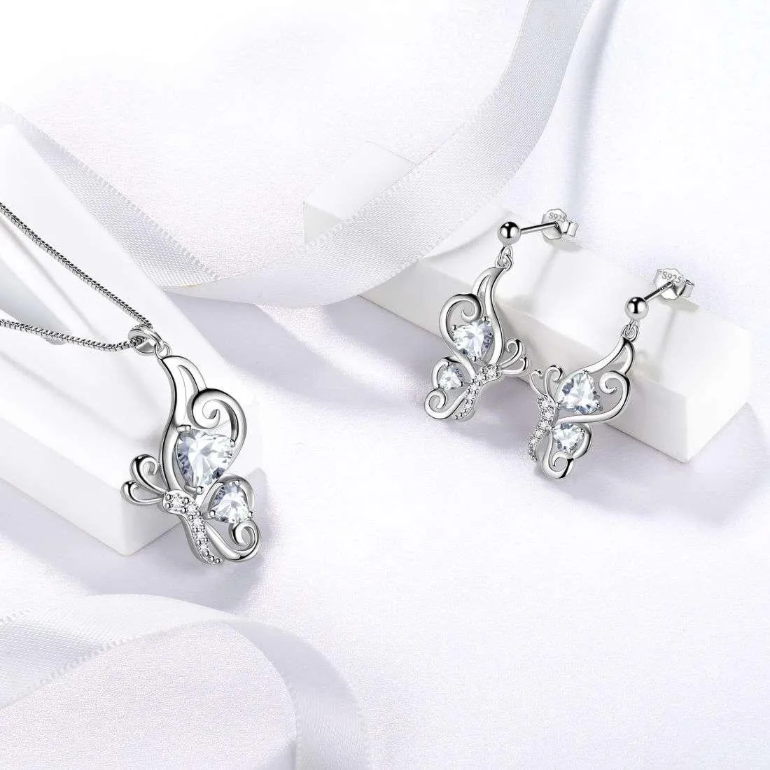 Butterfly Birthstone April Diamond Jewelry Set 3PCS Women Girls Birthday Gift