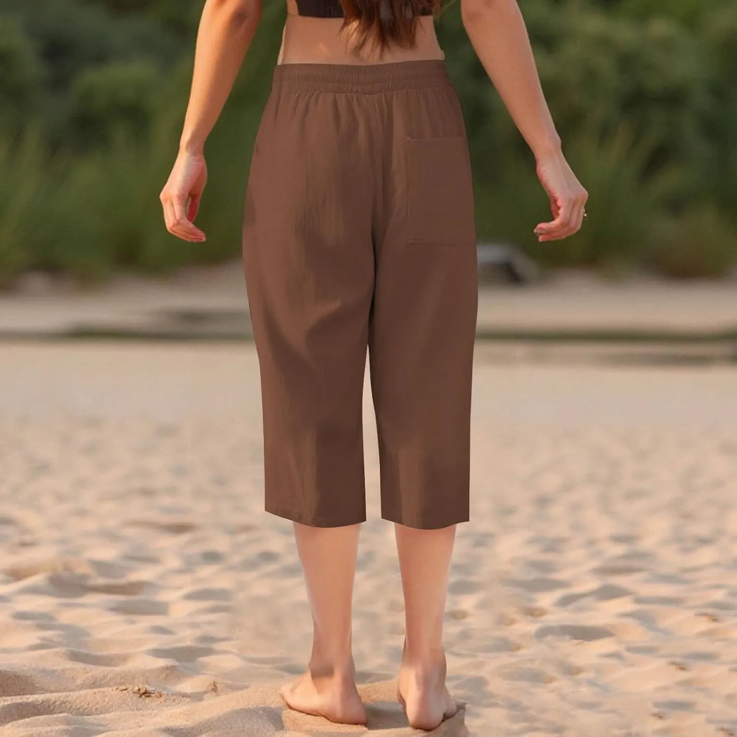 Capri Pants for Women Summer Casual Lounge Pants Cotton Linen Soft Drawstring Baggy Cropped Trousers with Pockets