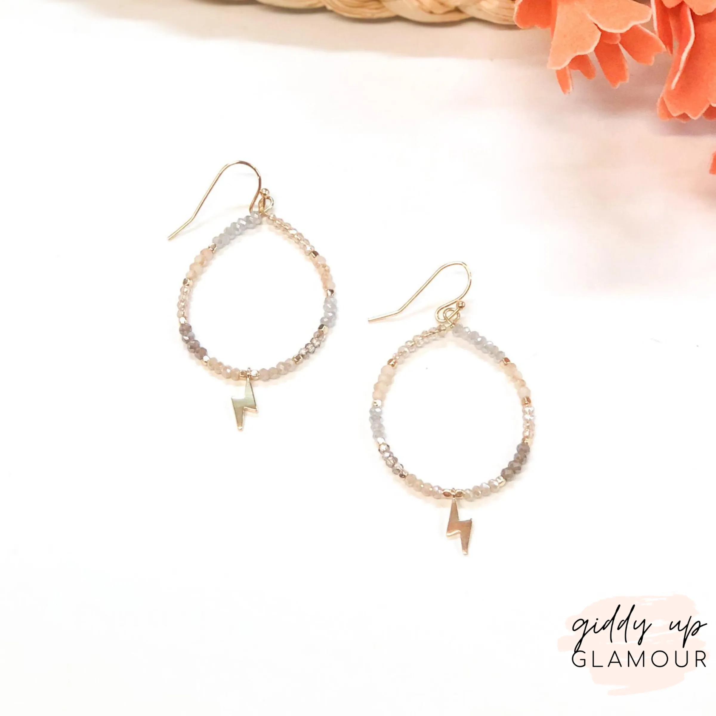 Crystal Beaded Hoop Earrings with Gold Lightning Bolts in Neutral