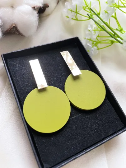 Disc shaped earrings | Matte effect golden bar earrings | pastel colour tone earrings| modern retro style tonal earrings| lightweight dangle
